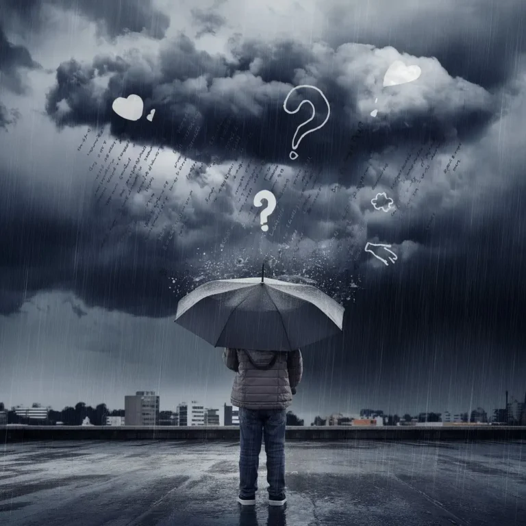 A visual representation of a stormy sky over a child holding an umbrella. The storm clouds could have symbols of anxiety and confusion, while the child looks determined, symbolizing resilience.