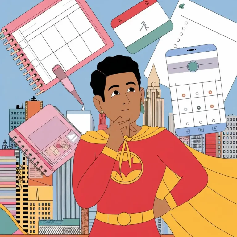 An illustration of an adult dressed as a superhero, with a cape and a thoughtful expression, surrounded by tools like planners, timers, and mindfulness apps. This image can symbolize empowerment and the idea that individuals with ADHD can harness their unique abilities to overcome challenges.