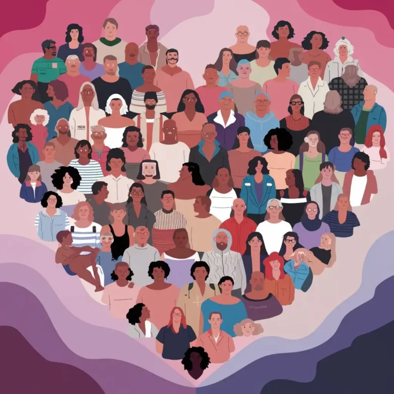 A large mosaic made up of photos of diverse bodies from different angles and backgrounds, forming the shape of a heart or a positive symbol, celebrating body diversity and acceptance.