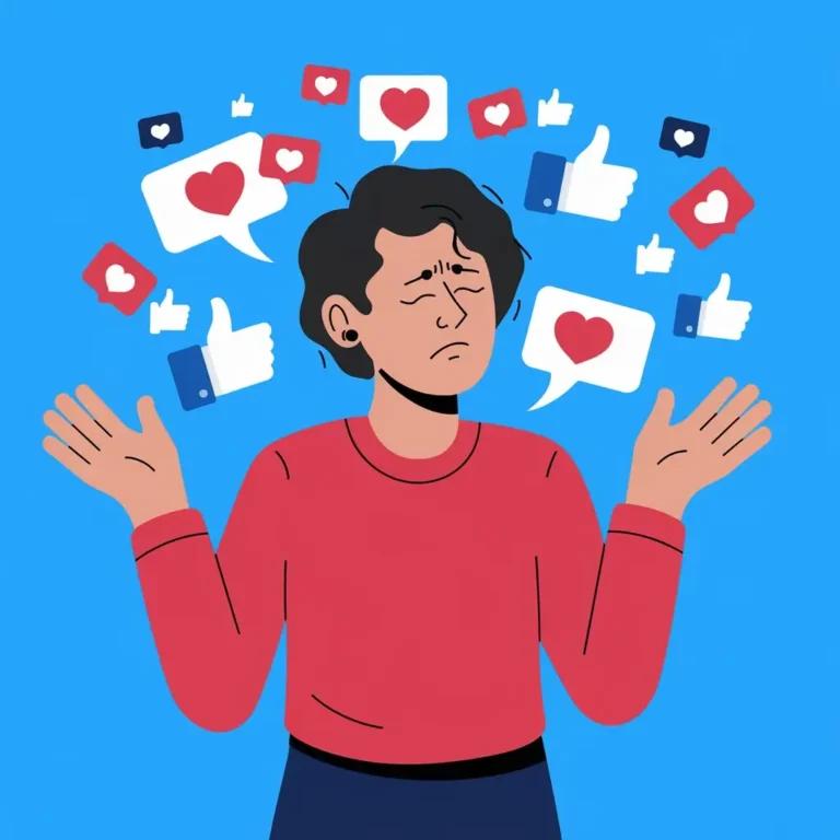 A person surrounded by floating social media icons (like hearts, thumbs up, etc.), looking overwhelmed. This represents the pressure and anxiety that come from constant comparisons to others.