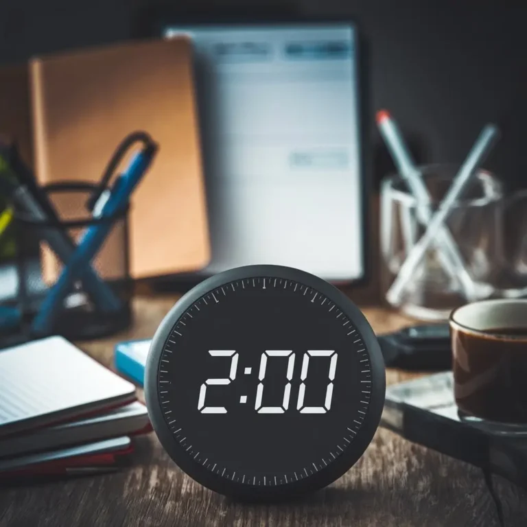 A digital countdown timer displaying "2:00" in bold numbers, surrounded by a blurred background of various productivity tools (like notebooks, pens, and a cup of coffee) to emphasize the importance of time management.
