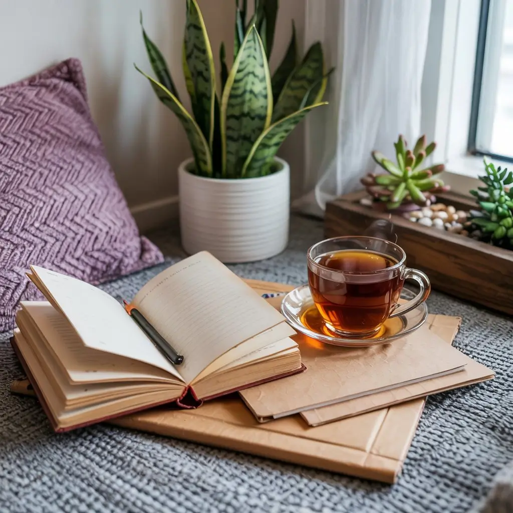 A cozy nook with a book, tea, and a notepad, symbolizing the importance of disconnecting from technology to focus on personal goals and intentions.
