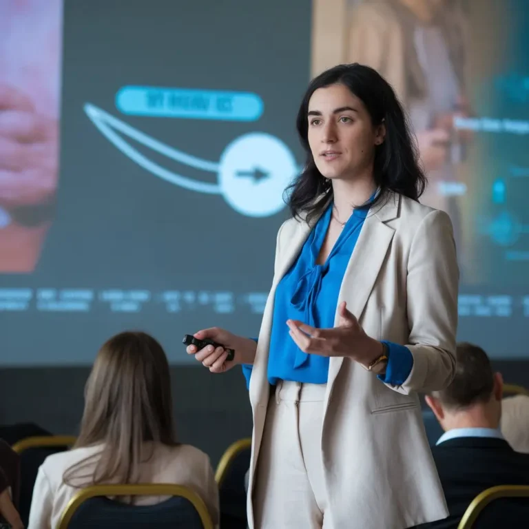 A confident woman standing in front of an audience, giving a presentation. Her body language exudes confidence and empowerment, with engaging visuals in the background that highlight her message."