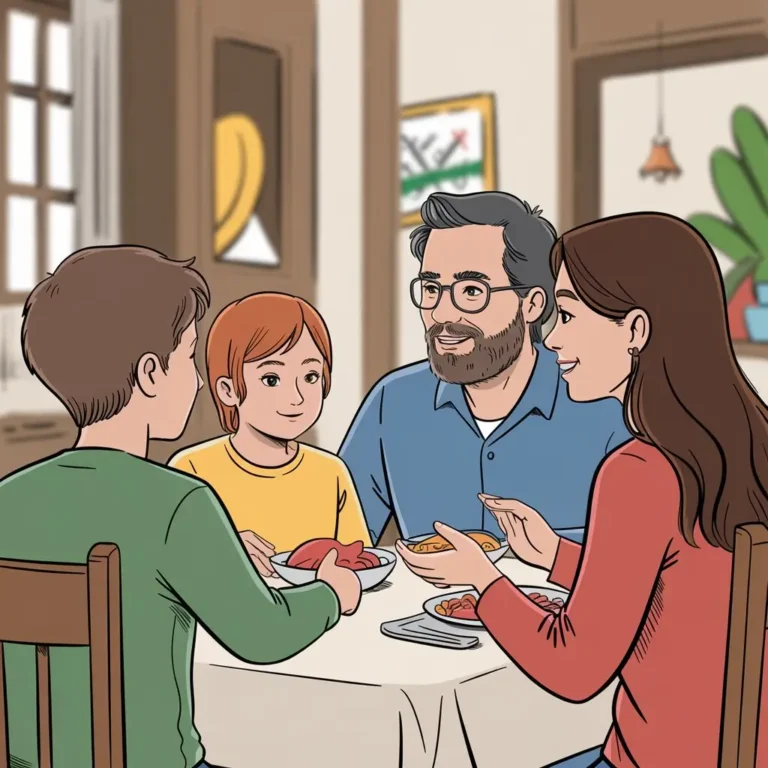 A family gathered around a dinner table, engaged in conversation, highlighting how shared experiences can nurture empathy and connection.