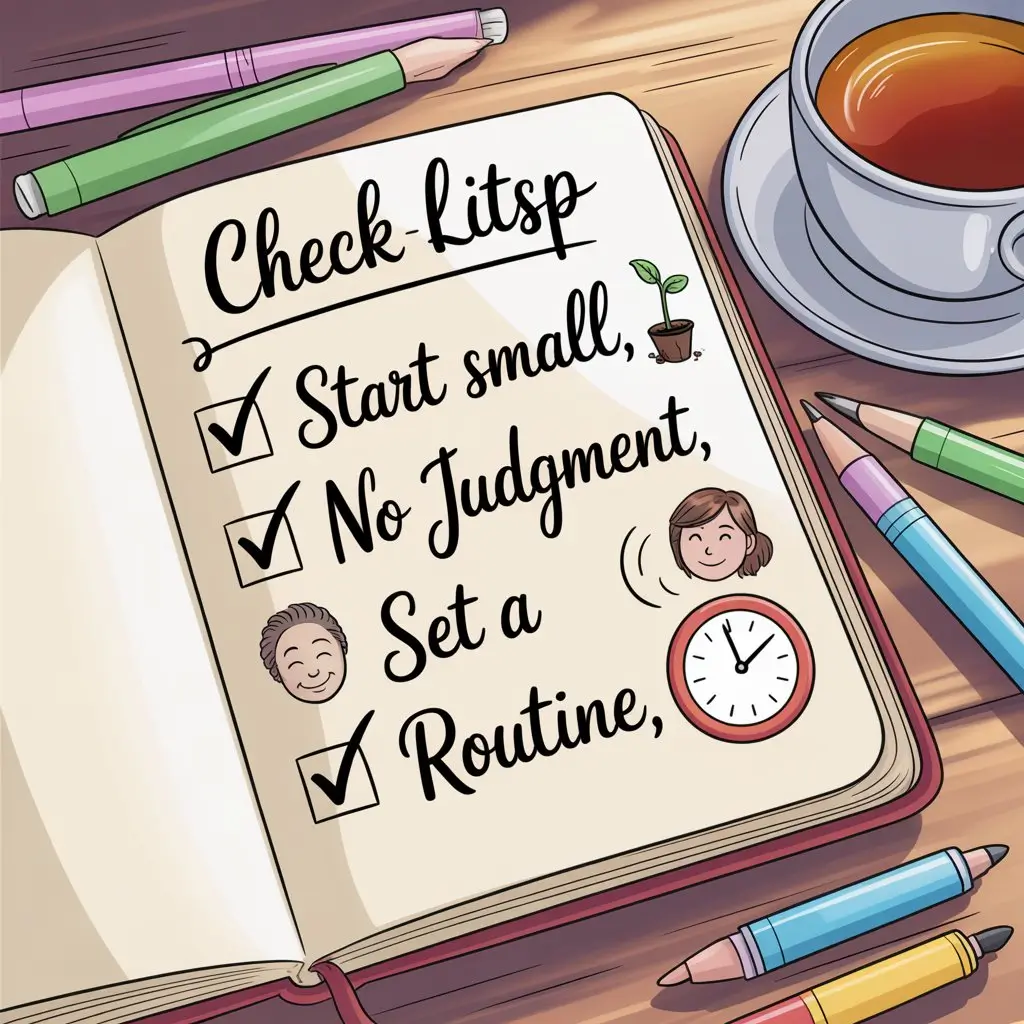 A step-by-step illustrated checklist or a hand writing in a journal with motivational phrases like “Start small,” “No judgment,” “Set a routine.” (Visual cue: actionable, encouraging visuals to empower readers)