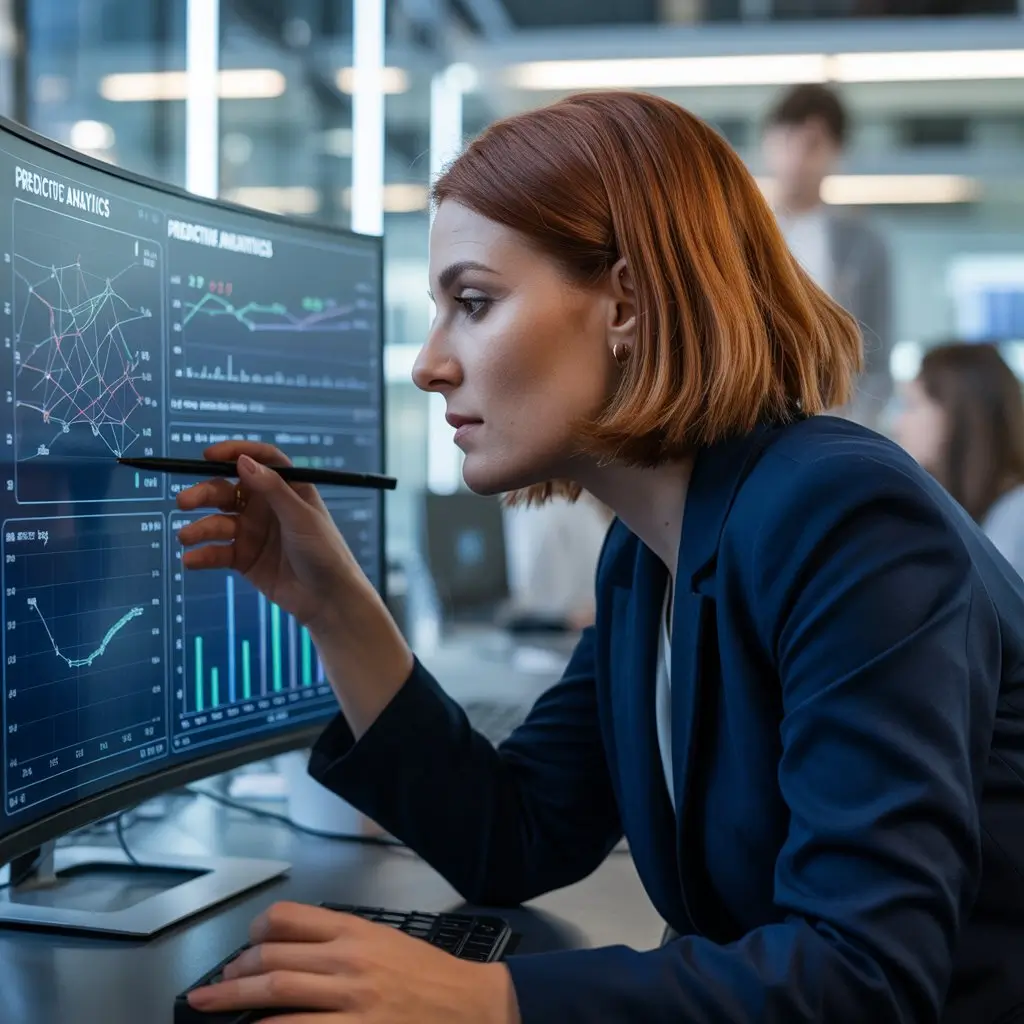 A business analyst reviewing AI-generated data insights and predictive analytics on a large screen, demonstrating AI’s role in improving decision-making.