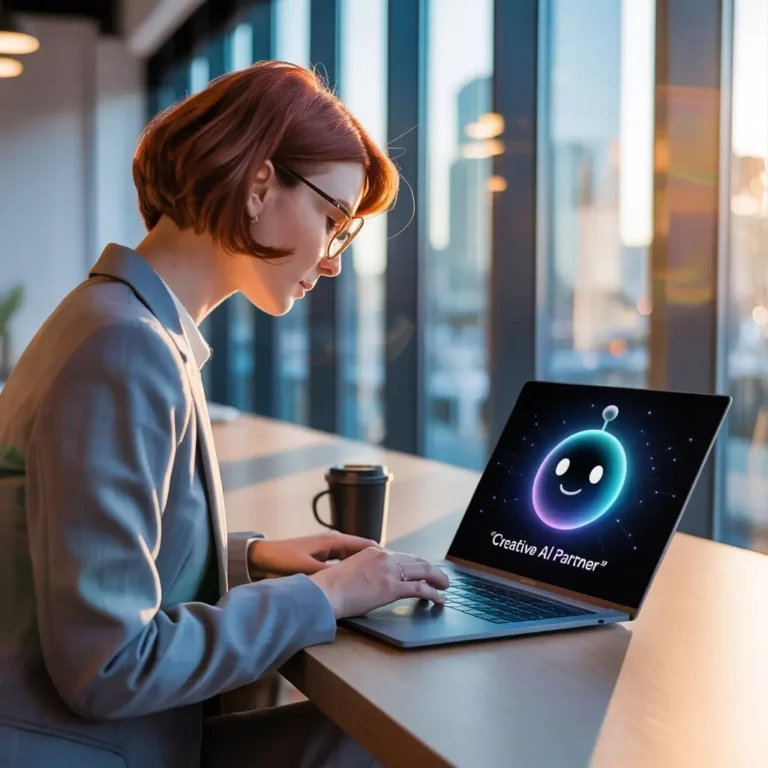 An image showing a professional working alongside a digital AI assistant on a computer screen, symbolizing the partnership between human creativity and generative AI technology.