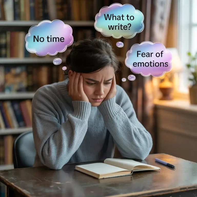 A person sitting at a desk looking overwhelmed or hesitant, with thought bubbles showing common barriers like “No time,” “What to write?” or “Fear of emotions.” (Visual cue: relatable emotional struggle around journaling)