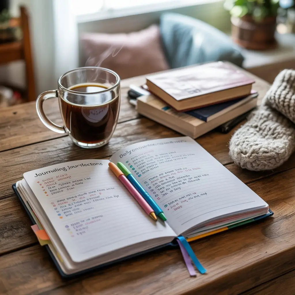 A calendar or planner with journaling days marked, alongside a cozy scene of someone journaling regularly, perhaps with a cup of coffee or calming background. (Visual cue: consistency and comfort in journaling)