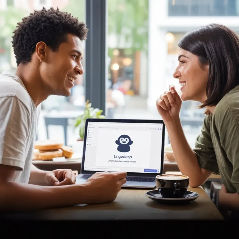 Two people having a conversation with a digital chatbot on a laptop, showing AI helping with language practice.