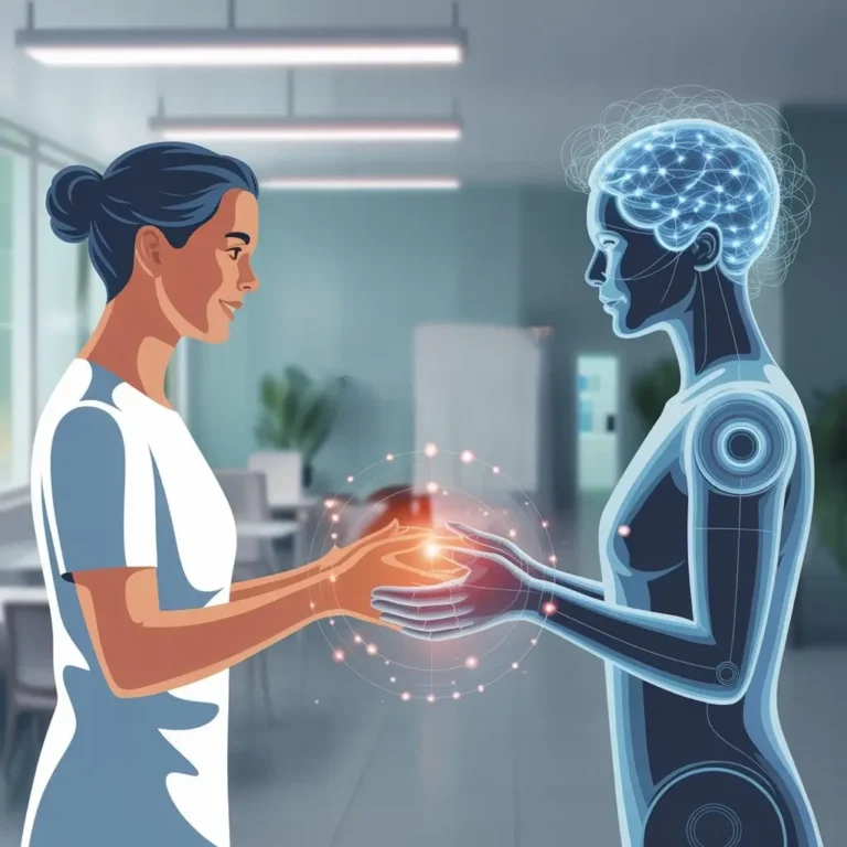 An illustration depicting a healthcare professional interacting with a humanoid robot, symbolizing the collaboration between humans and AI in mental health care. The text "Seamless care: Human + AI" emphasizes the integration of AI mental health chatbots in providing support.