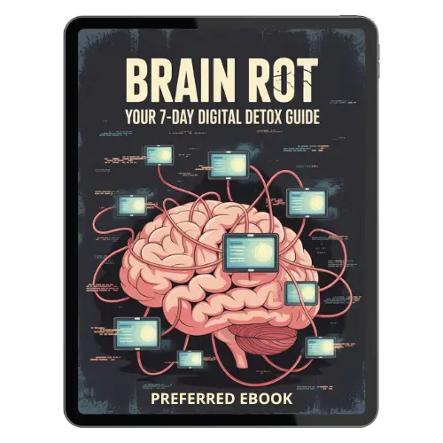 An ebook cover titled 'Brain Rot: Your 7-Day Digital Detox Guide' featuring a stylized brain interconnected with digital screens, displayed on a tablet.