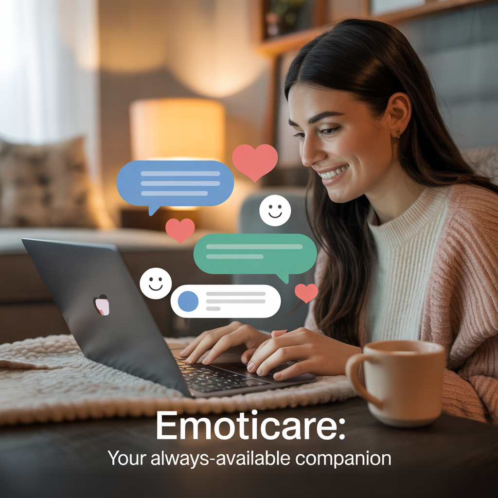 A person using a laptop or phone, interacting with an AI-powered coaching chatbot that offers empathetic support, shown through gentle smiley faces and heart icons to convey emotional care.

