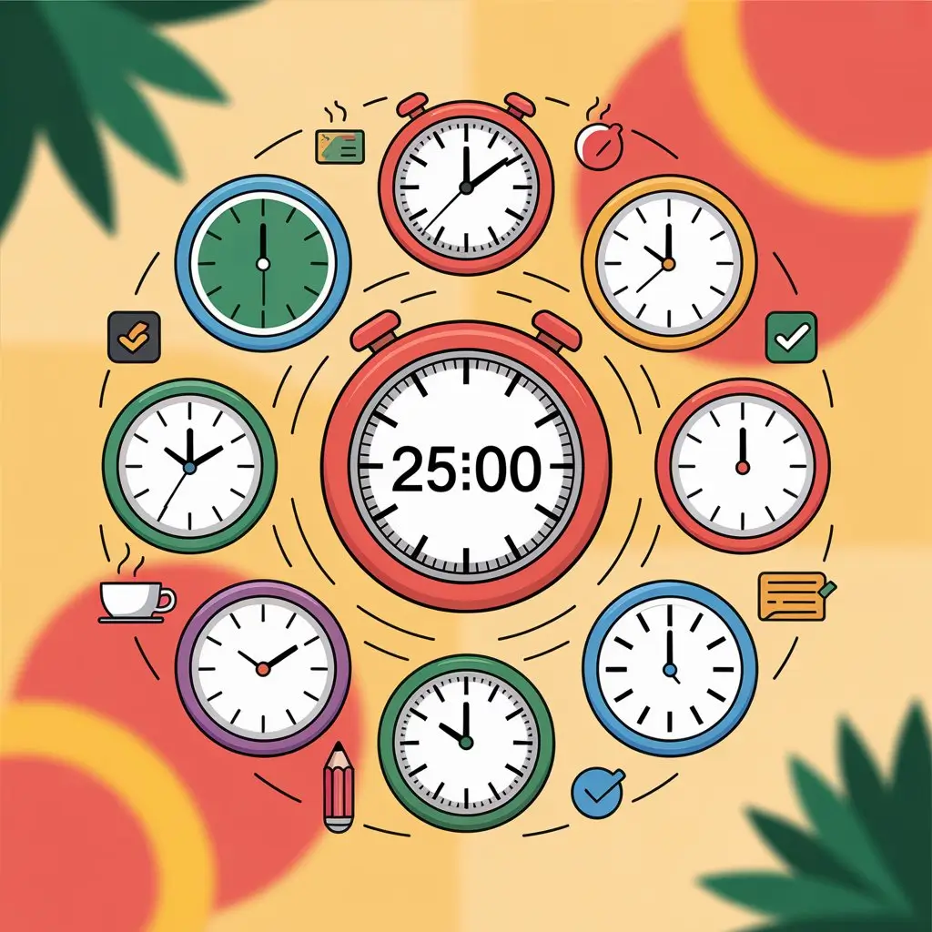Clock or timer icons representing time management and Pomodoro technique.

