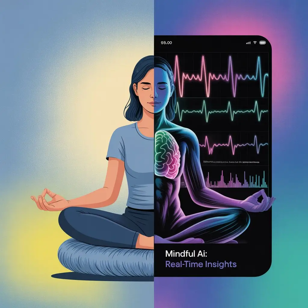  A split image featuring a woman meditating on one side and a digital display of heart rate data on the other. The meditation side shows a calm figure in a serene pose, while the digital side presents colorful waveforms and data analytics labeled "Mindful AI: Real-Time Insights." The composition emphasizes the fusion of mindfulness and technology.