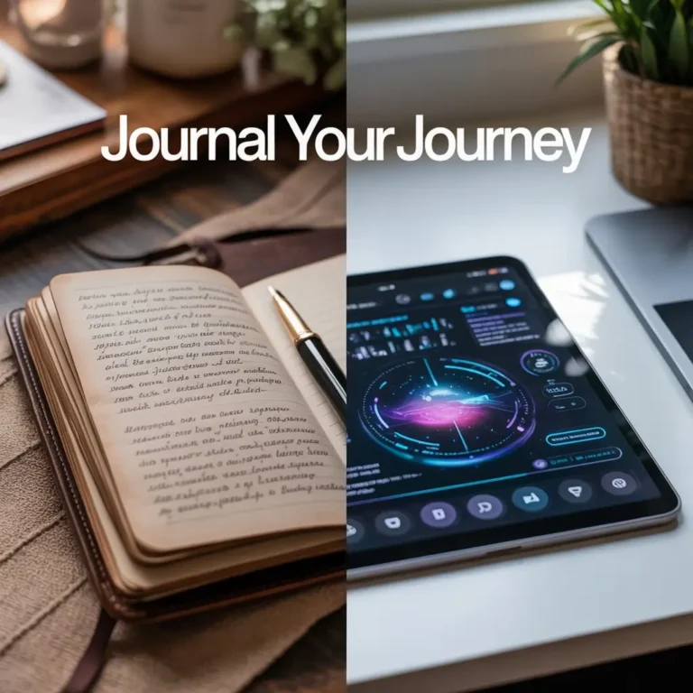 A split image showing traditional journaling on one side and AI-enhanced digital journaling on the other.