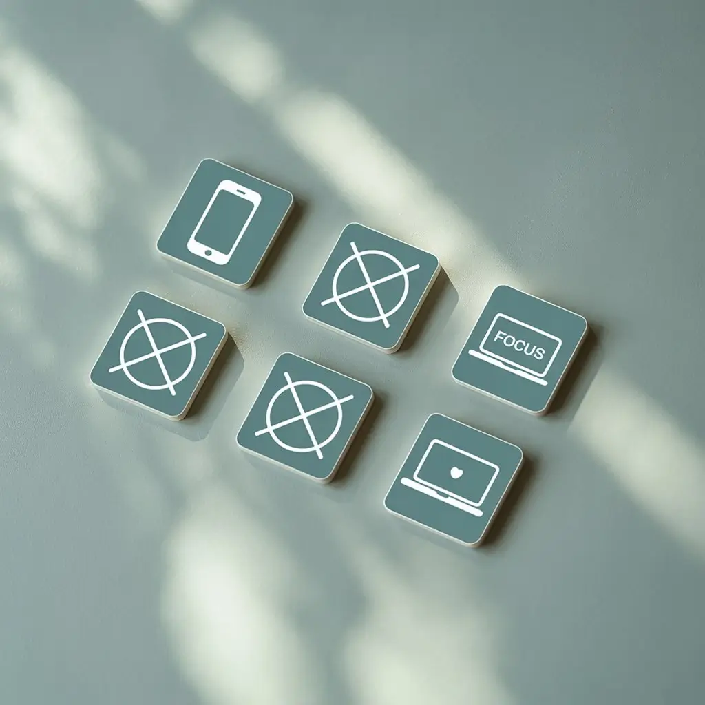 Small icons for distraction blockers (like crossed-out phone or social media icons) to represent focus tools.

