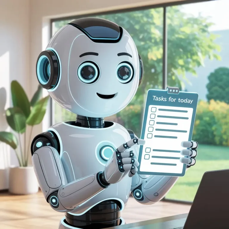 A friendly robot or AI assistant character (human-like but approachable) holding a checklist or calendar.