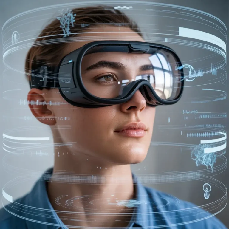A person wearing VR goggles surrounded by digital elements like data graphs and coaching icons, illustrating immersive AI-powered coaching for personal growth.