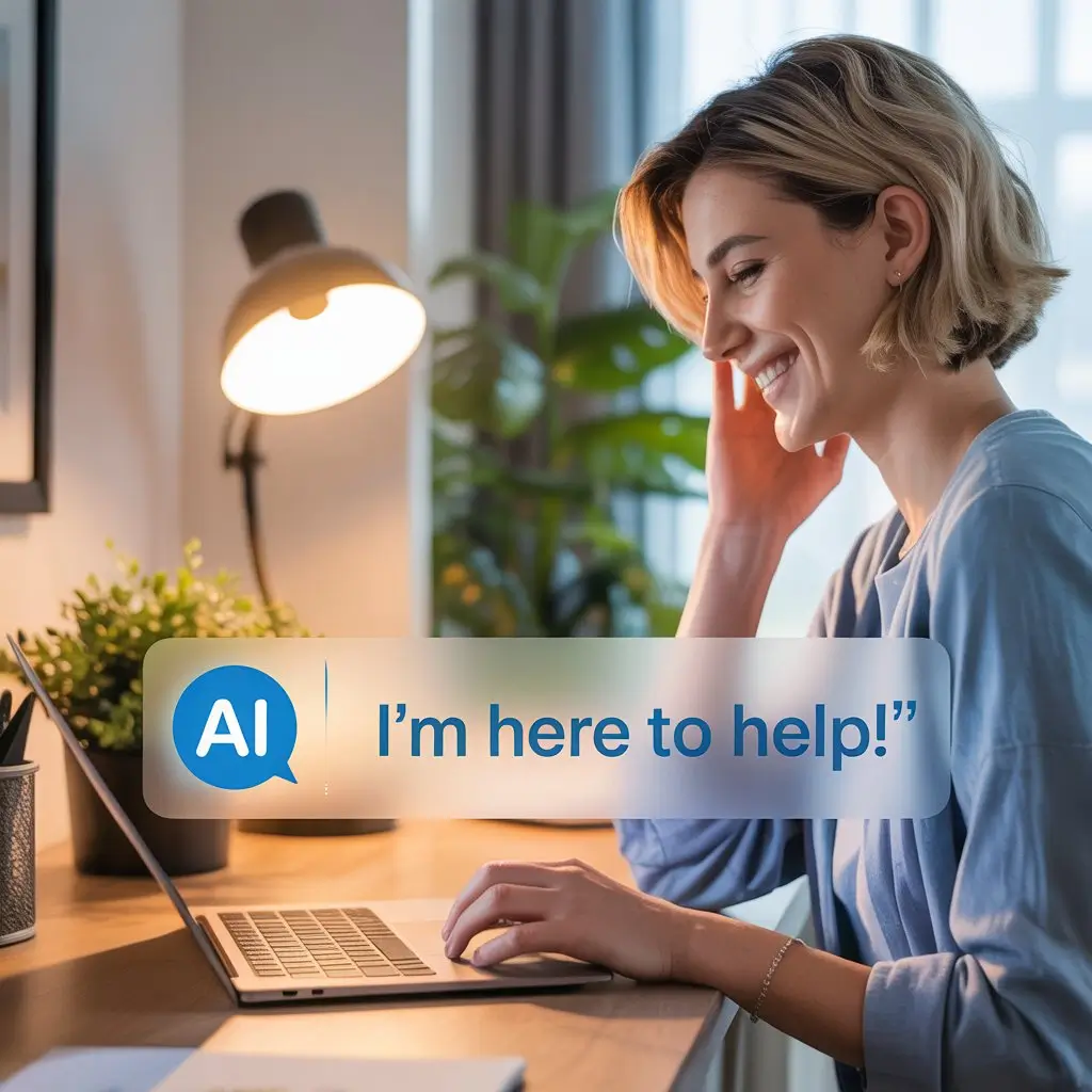 A person smiling while using a laptop in a cozy setting, with a speech bubble overlay that says "AI I'm here to help!" This image represents the supportive role of AI mental health chatbots in providing assistance and guidance.