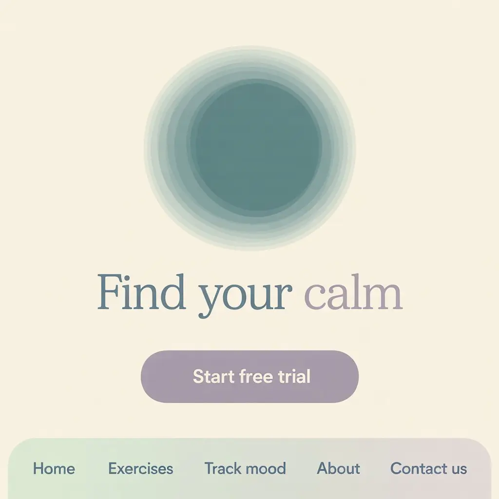 A minimalist app interface featuring a calming circular design and the phrase "Find your calm." Below, there is a button labeled "Start free trial," indicating features related to mental health support, potentially including AI mental health chatbots.