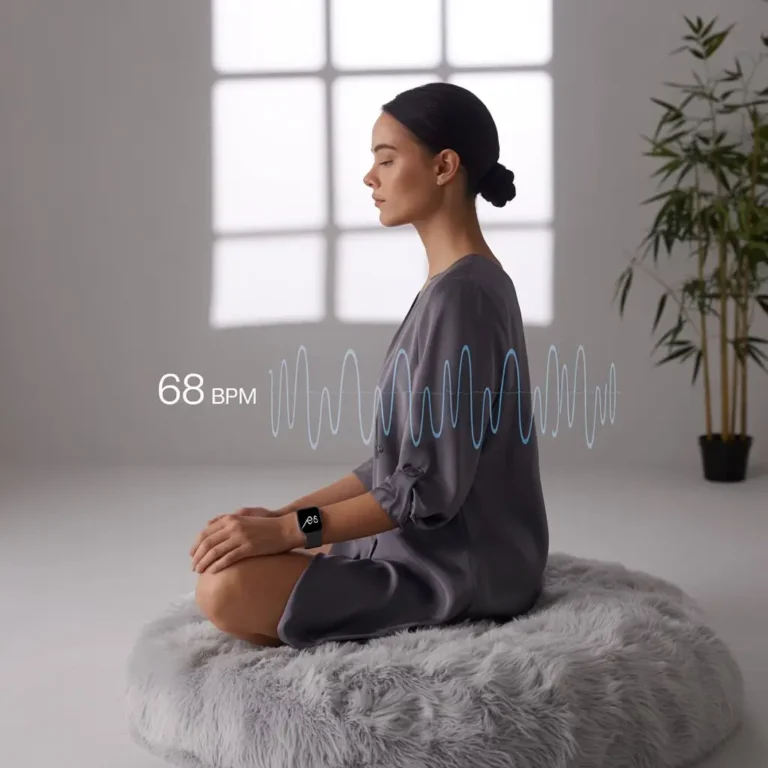 woman sits in meditation on a fluffy cushion, wearing a smartwatch that displays her heart rate of 68 BPM. The setting is minimalistic, with a soft, neutral background and natural light coming through a window. The image conveys a sense of calm and mindfulness, highlighting the intersection of AI and meditation.