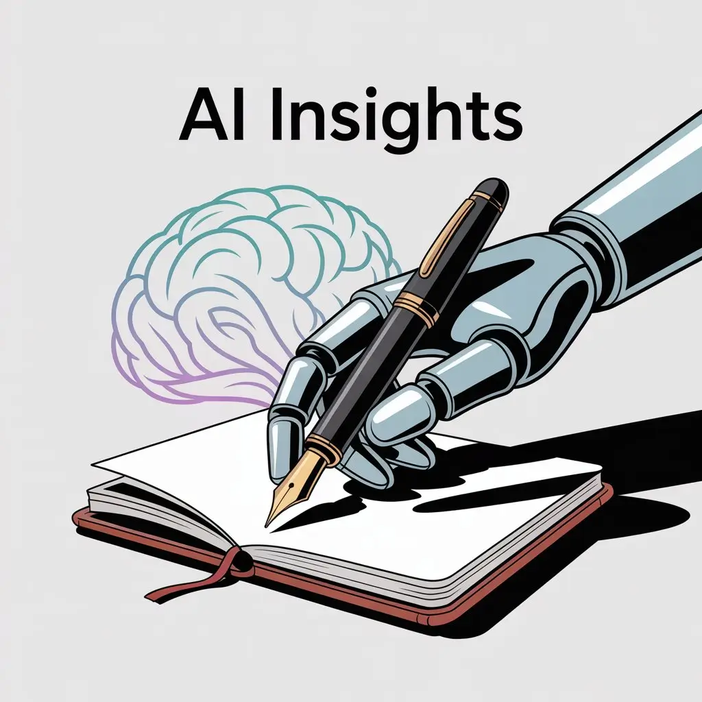 Icons or illustrations symbolizing AI, such as a robot or neural network, combined with writing tools like pens or notebooks.

