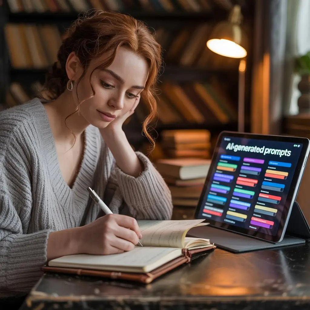 A person writing in a journal with a smartphone or tablet displaying AI-generated prompts.