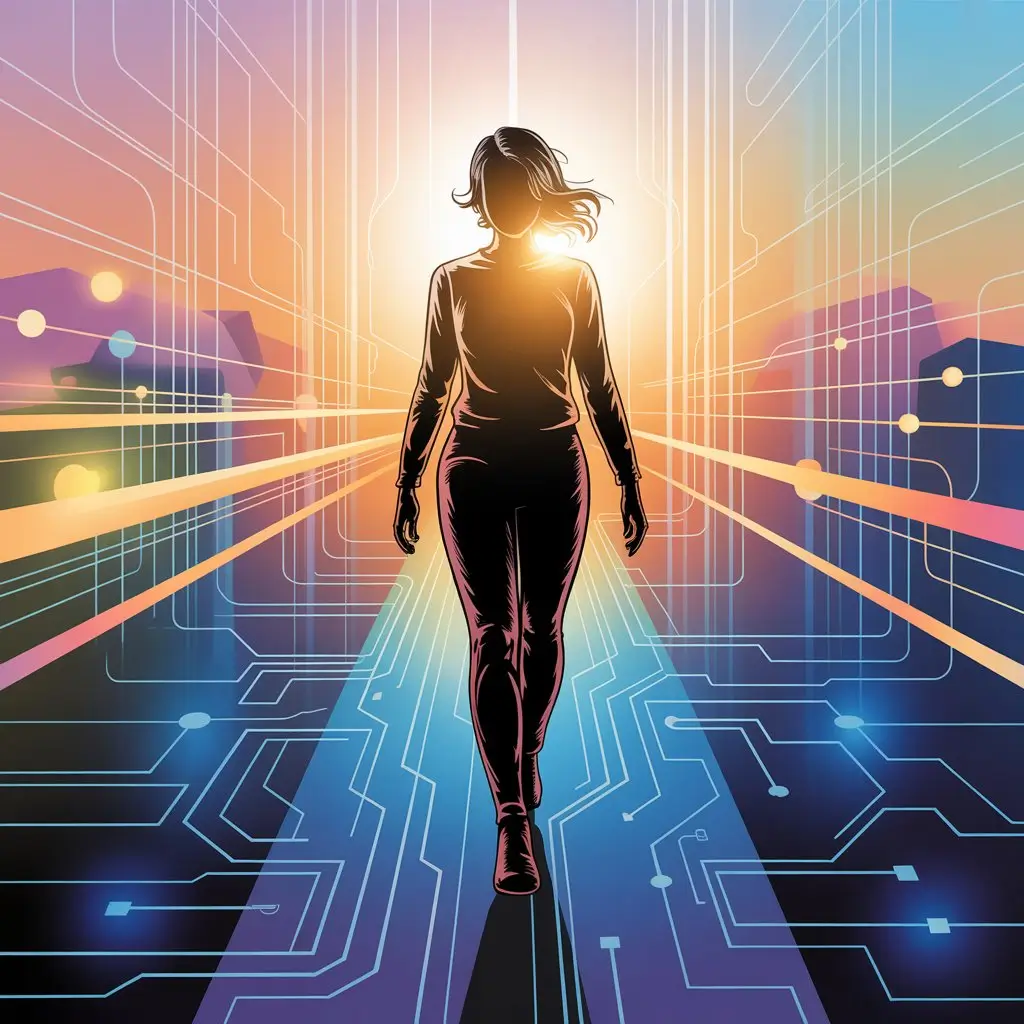 A bright, optimistic illustration of a person stepping forward on a glowing path made of digital circuits, symbolizing growth and progress supported by AI-powered coaching technology.

