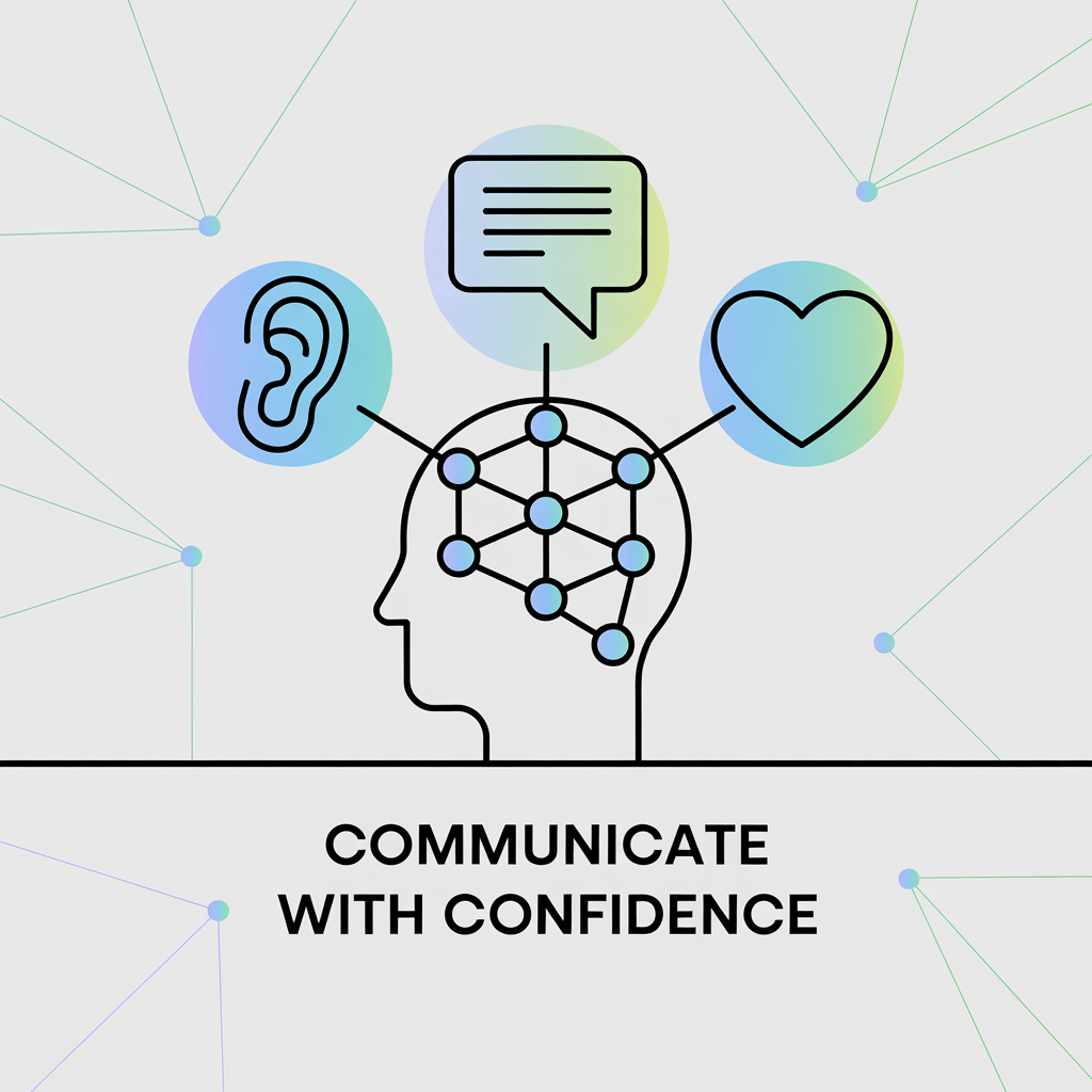 Infographic illustrating key communication skills like listening, clarity, and empathy, with icons representing AI support.
