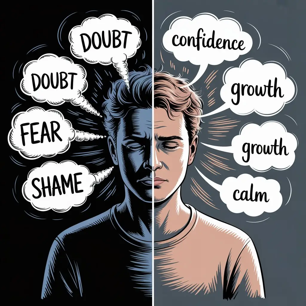 A split image depicts the contrasting mental states of doubt, fear, and shame versus confidence, growth, and calm.

