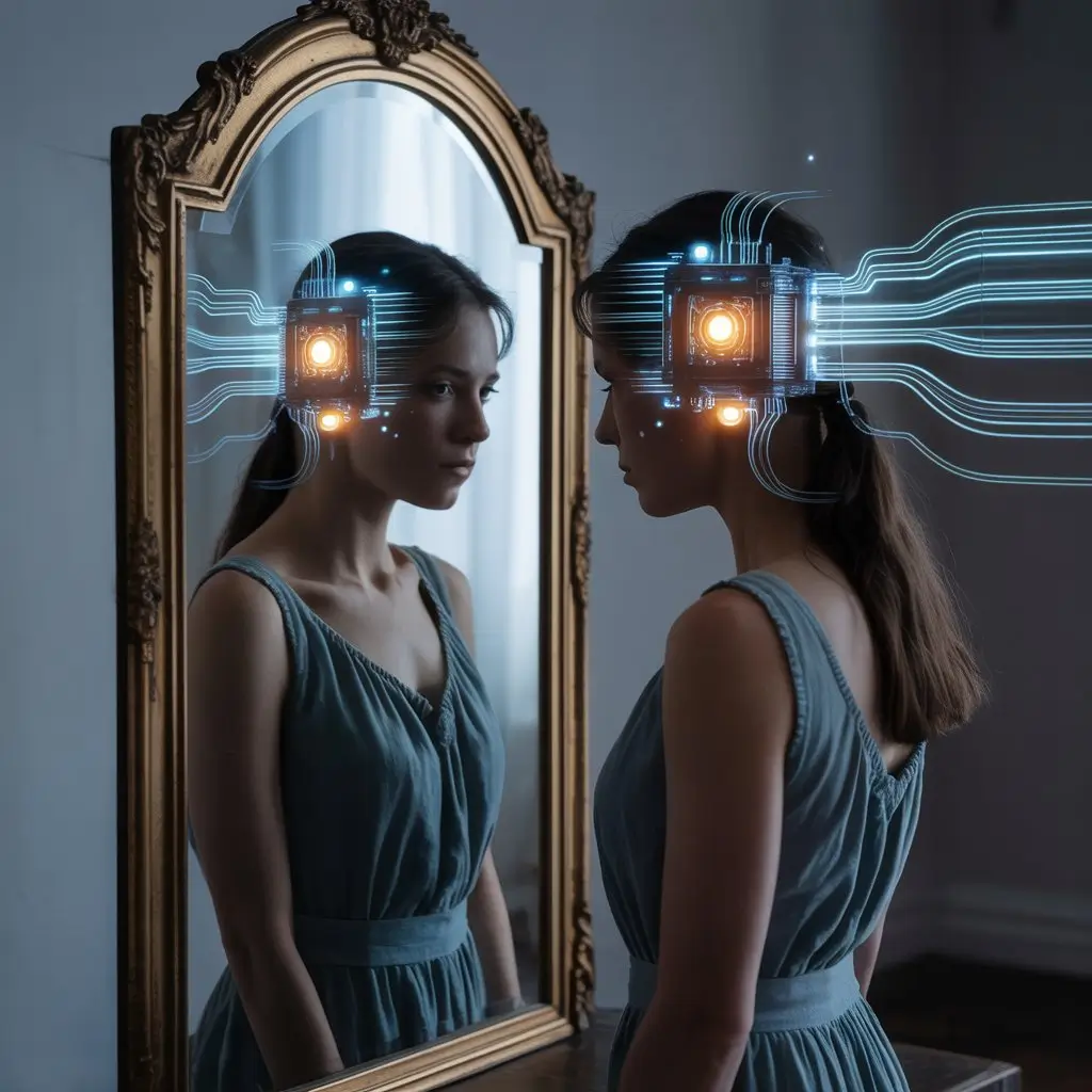 A young woman looks in an ornate mirror; her reflection shows a futuristic AI interface integrated into her mind, suggesting a concept of AI enhancing or modifying cognitive processes.

