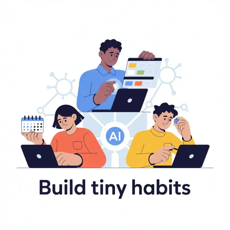 An illustration of three people using technology to build tiny habits, emphasizing the role of micro-habits in personal development.