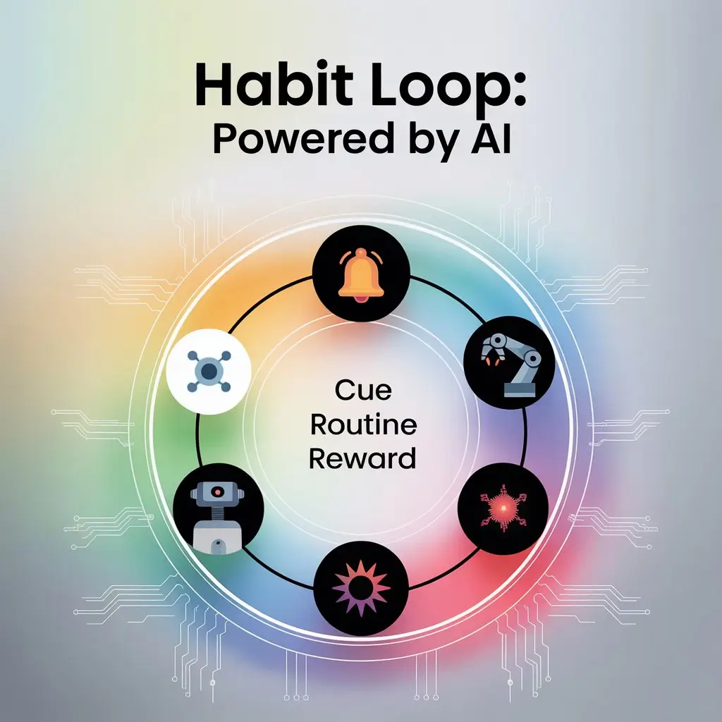 A visually engaging diagram illustrating the Habit Loop powered by AI, featuring icons for cue, routine, and reward, highlighting the importance of micro-habits