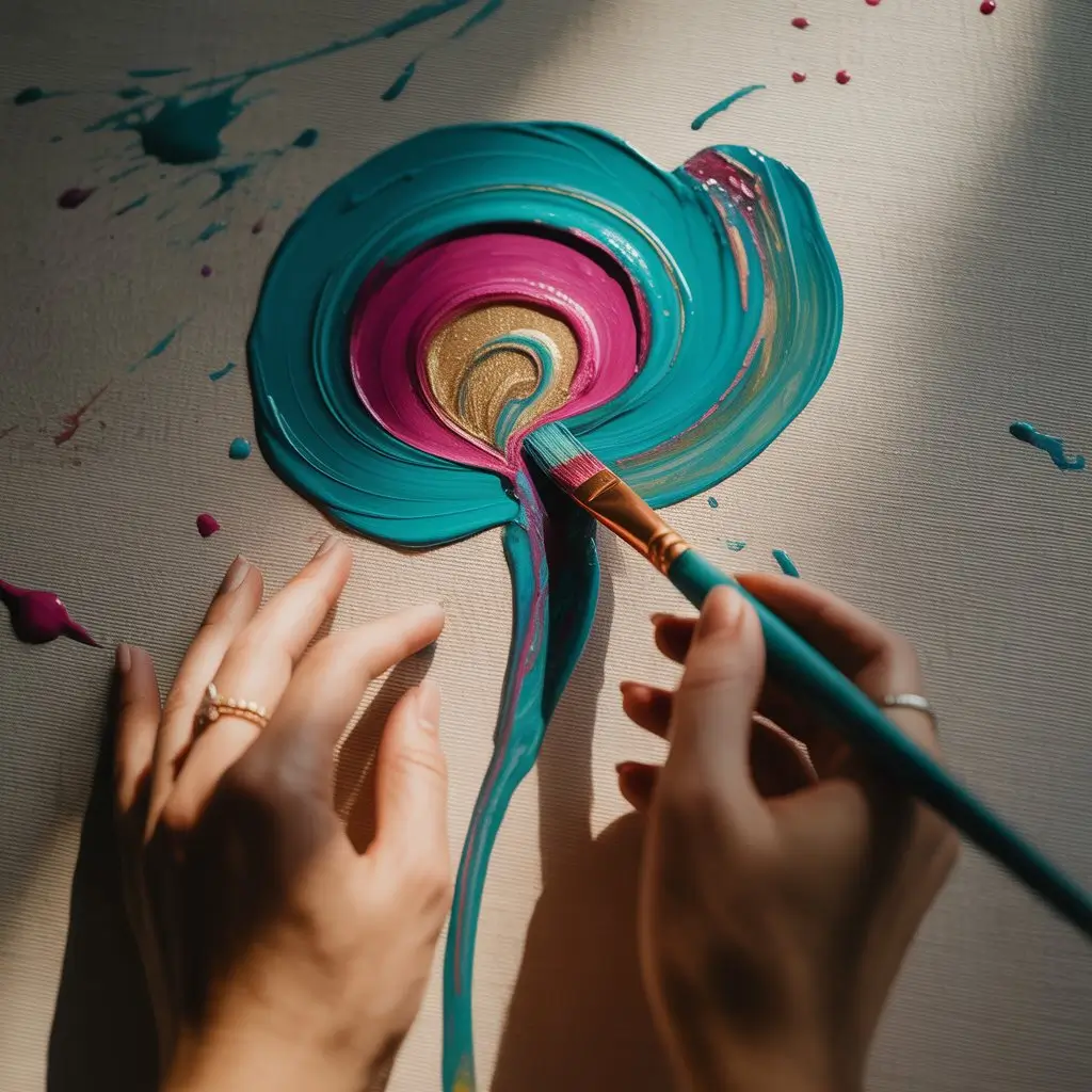 A close-up of hands holding a paintbrush, applying vibrant teal and pink paint in a swirling pattern on a canvas. The image illustrates self-help alternatives to journaling, emphasizing creativity and expression through art.