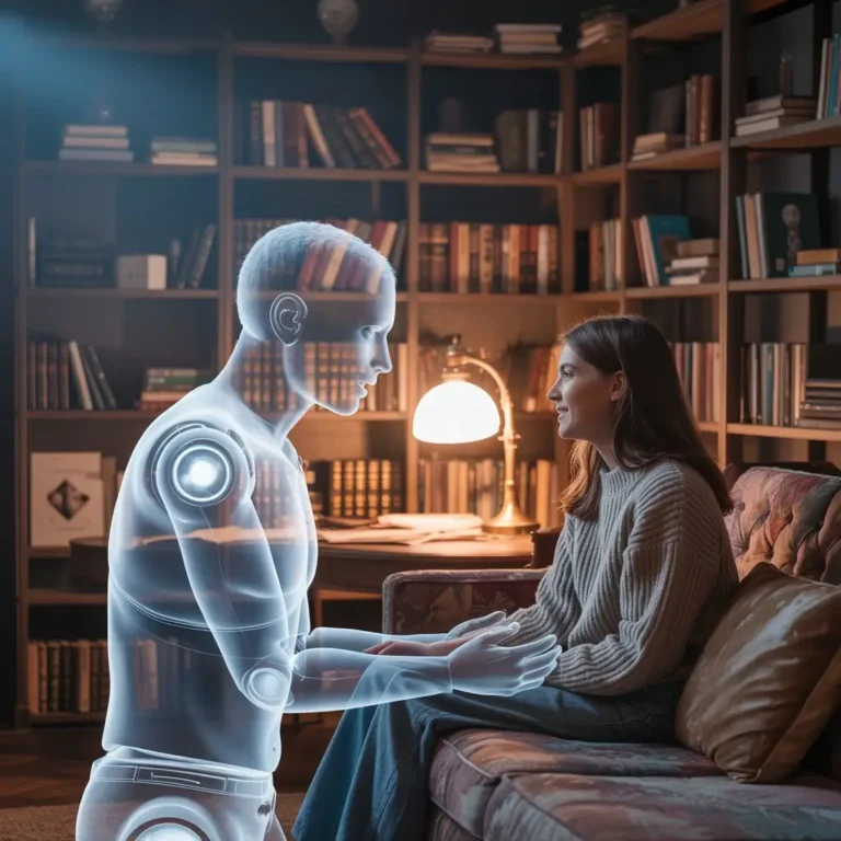 A woman sits on a couch, engaging in a seemingly empathetic conversation with a translucent AI figure. Rewire Inner Critic with AI.