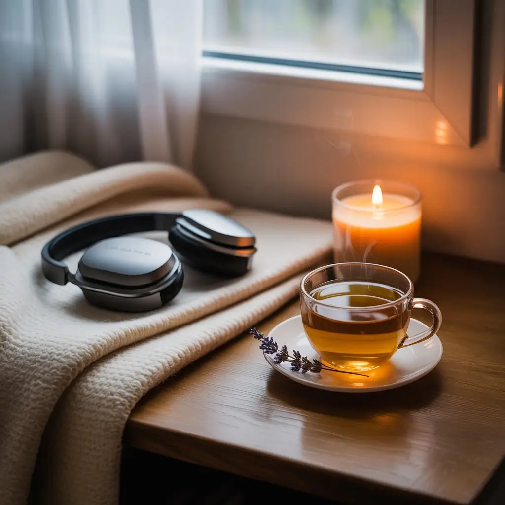 A serene scene featuring a steaming cup of herbal tea on a saucer, accompanied by a sprig of lavender. Nearby, a lit candle casts a warm glow, and a pair of headphones rests on a cozy blanket. This image represents self-help alternatives to journaling through relaxation and mindfulness practices.
