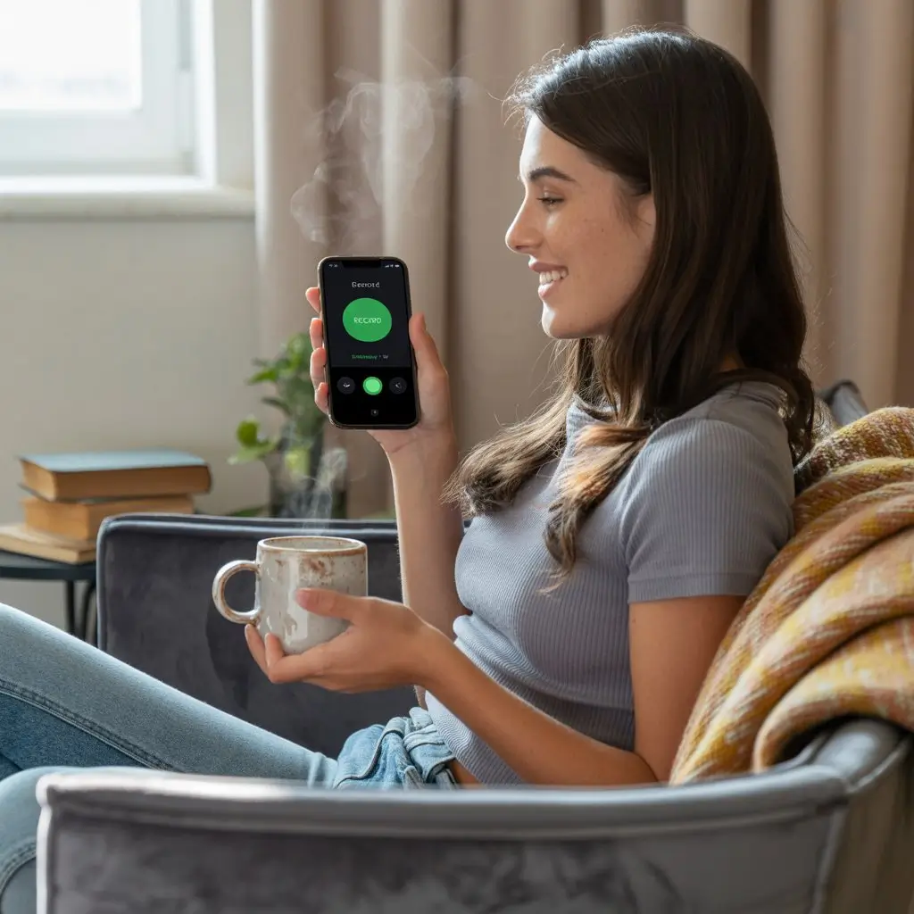 A young woman sitting comfortably in a chair holds a steaming mug in one hand and a smartphone displaying a wellness app in the other. She smiles, looking relaxed and content, with books stacked nearby. The scene highlights self-help alternatives to journaling through digital mindfulness and relaxation practices.