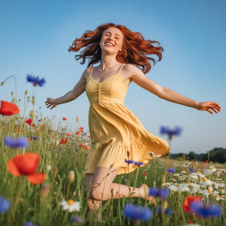 A person joyfully dancing in a sunlit meadow, surrounded by wildflowers. The carefree movement and bright colors should convey a sense of freedom and self-expression, reinforcing how movement can boost confidence.