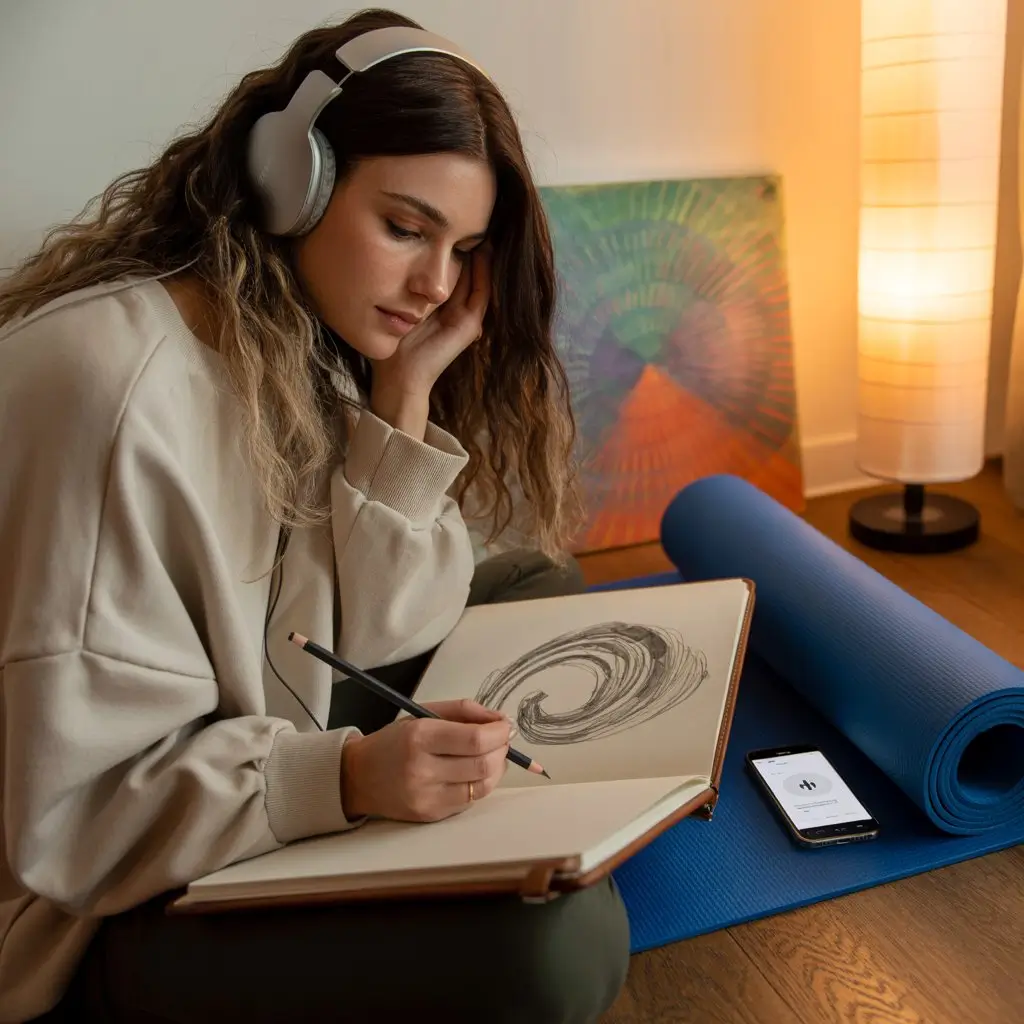A young woman wearing headphones sits on the floor, sketching in a notebook with a pencil. She appears focused and relaxed, with a yoga mat beside her and a phone displaying a calming app. The scene represents self-help alternatives to journaling through creative expression and mindfulness.