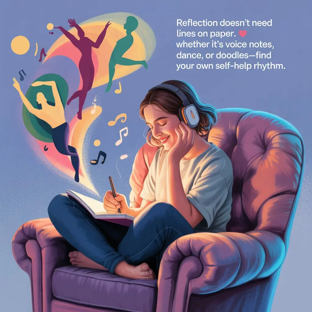 An illustrated scene of a young woman sitting in a cozy armchair, smiling as she writes in a notebook. Surrounding her are colorful silhouettes of dancing figures and musical notes. The image conveys the message that reflection can take various forms, emphasizing self-help alternatives to journaling through creative activities like voice notes, dance, and doodling.
