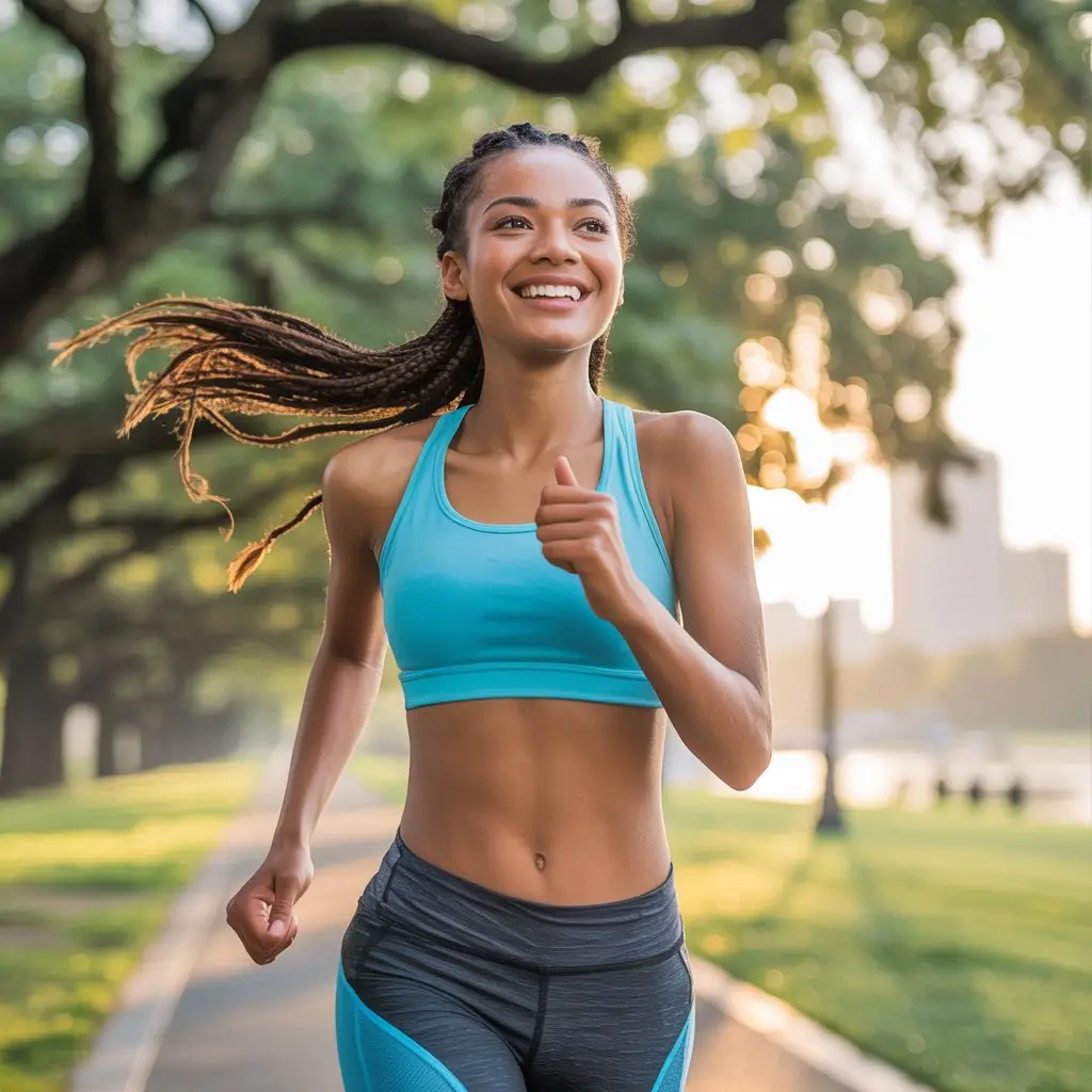 A joyful person engaging in outdoor physical activity, like jogging or yoga in a park. The image should convey energy and vitality, emphasizing how physical fitness contributes to self-confidence.