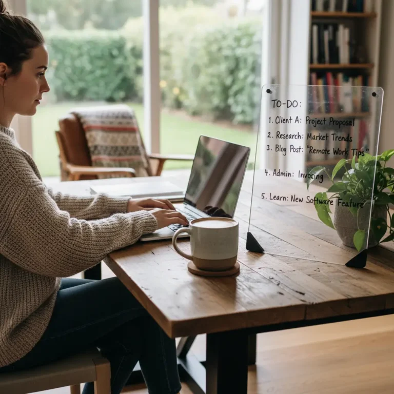 Own boss working from home with organized desk and daily schedule.